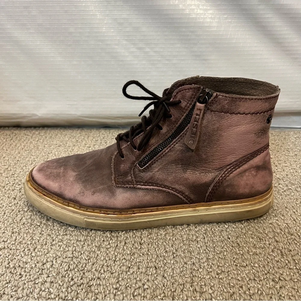 Diesel Mid Distressed Leather Boots Shoes Men’s Size 45 US 12 Side Zip Lace Up,